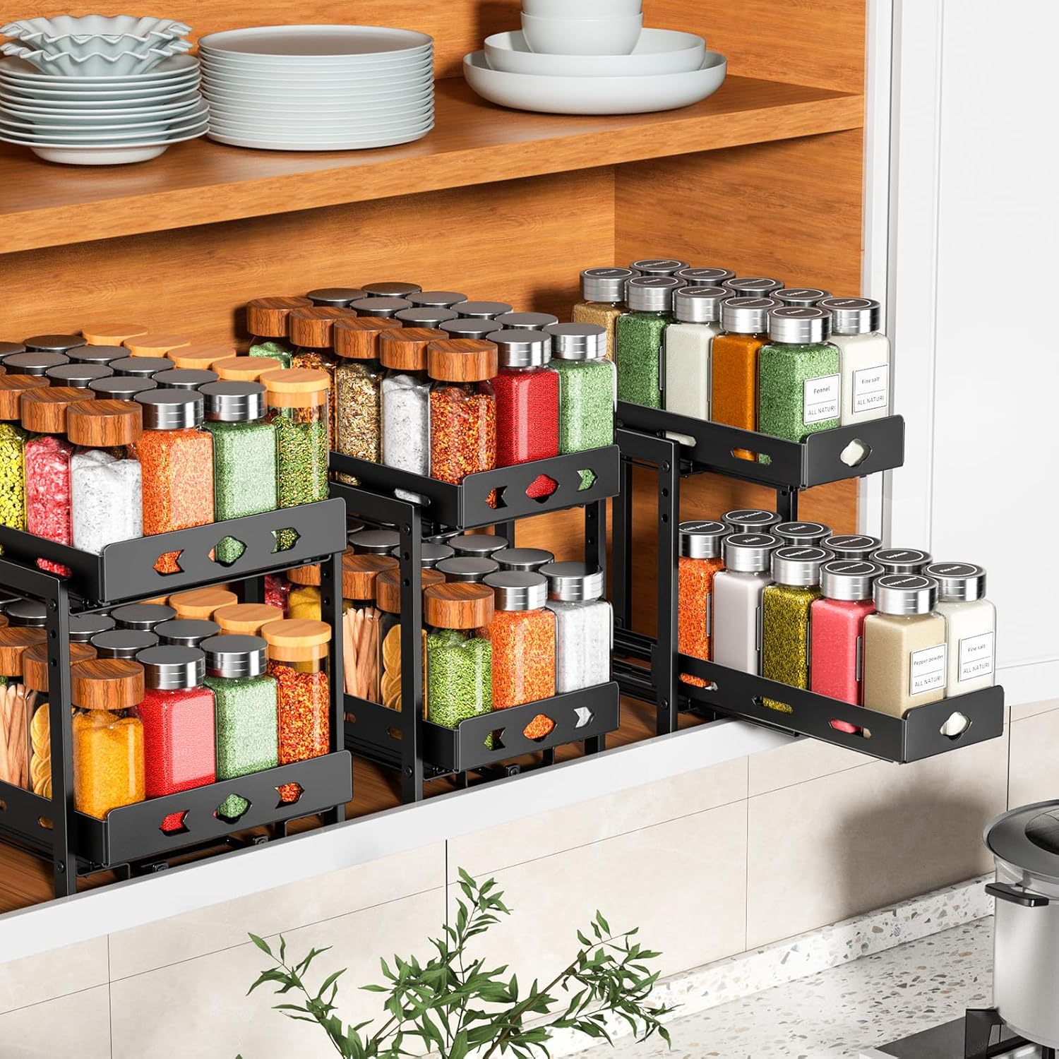 Spice Rack Organizer for Cabinet, 2-Tier Slide Out, Black X819264