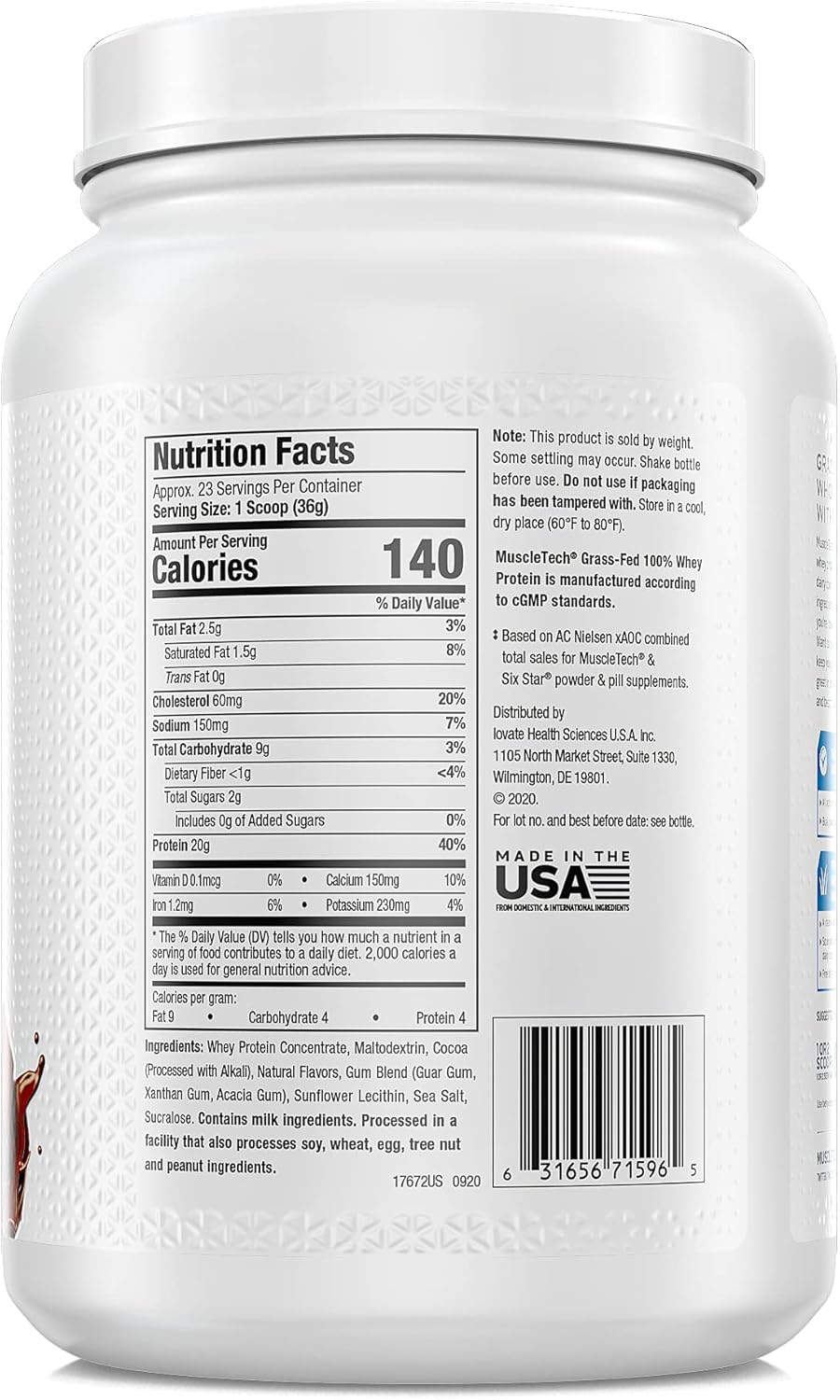 MuscleTech Grass Fed Whey Protein Powder for Muscle Gain, Growth Hormone Free, Non-GMO, Gluten Free, 20g Protein + 4.3g BCAA, Triple Chocolate, 1.8 lbs (Pack of 2)