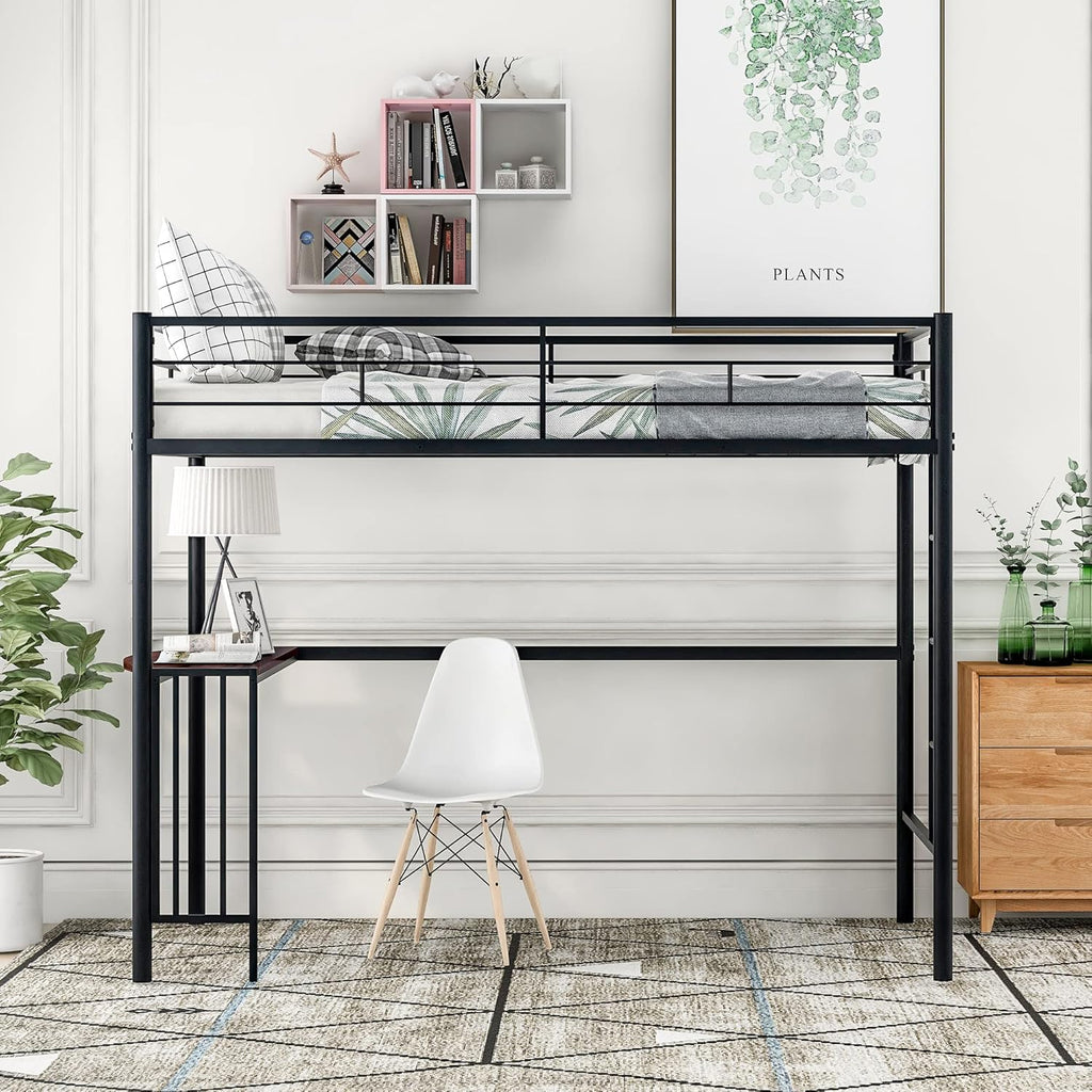 Twin Size Metal Loft Bed with Desk and Storage Shelves X8579