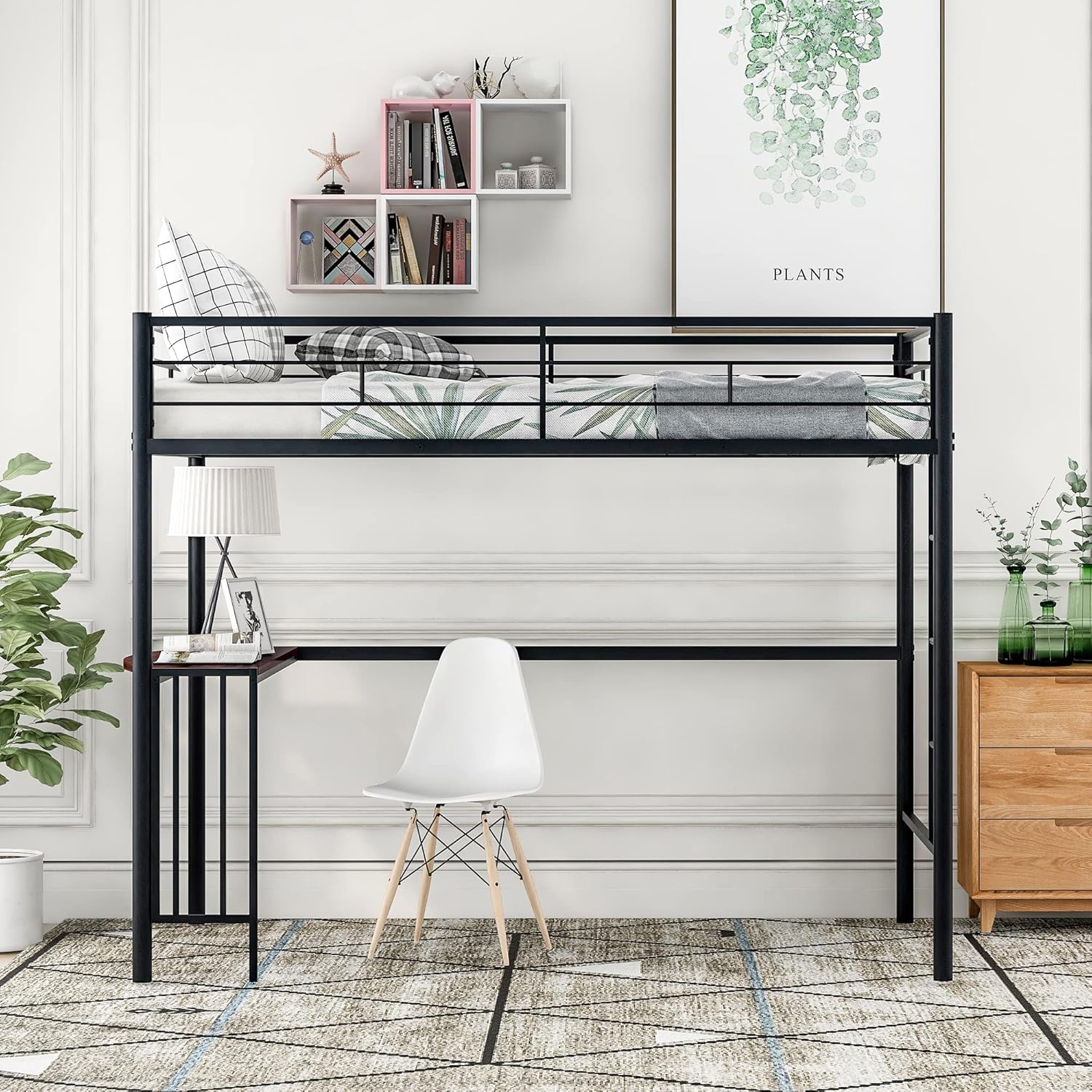 Twin Size Metal Loft Bed with Desk and Storage Shelves X8579
