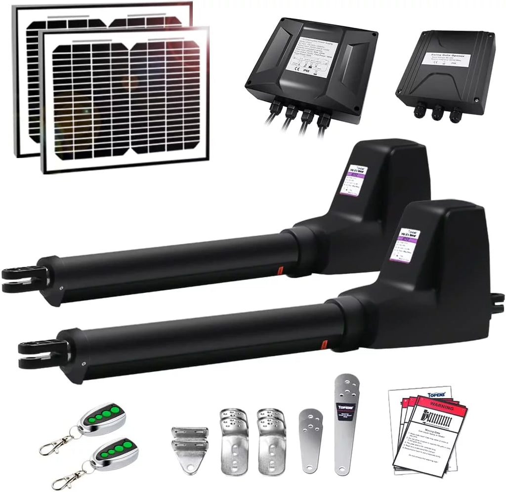 TOPENS AT12132S Solar Dual Swing Gate Opener Heavy Duty Automatic Gate Motor for Double Swing Gates Up to 18ft per Arm, Electric Driveway Gate Operator AC Powered with Solar Panel Remote Control Kit