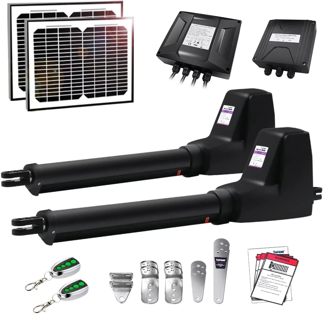 TOPENS AT12132S Solar Dual Swing Gate Opener Heavy Duty Automatic Gate Motor for Double Swing Gates Up to 18ft per Arm, Electric Driveway Gate Operator AC Powered with Solar Panel Remote Control Kit