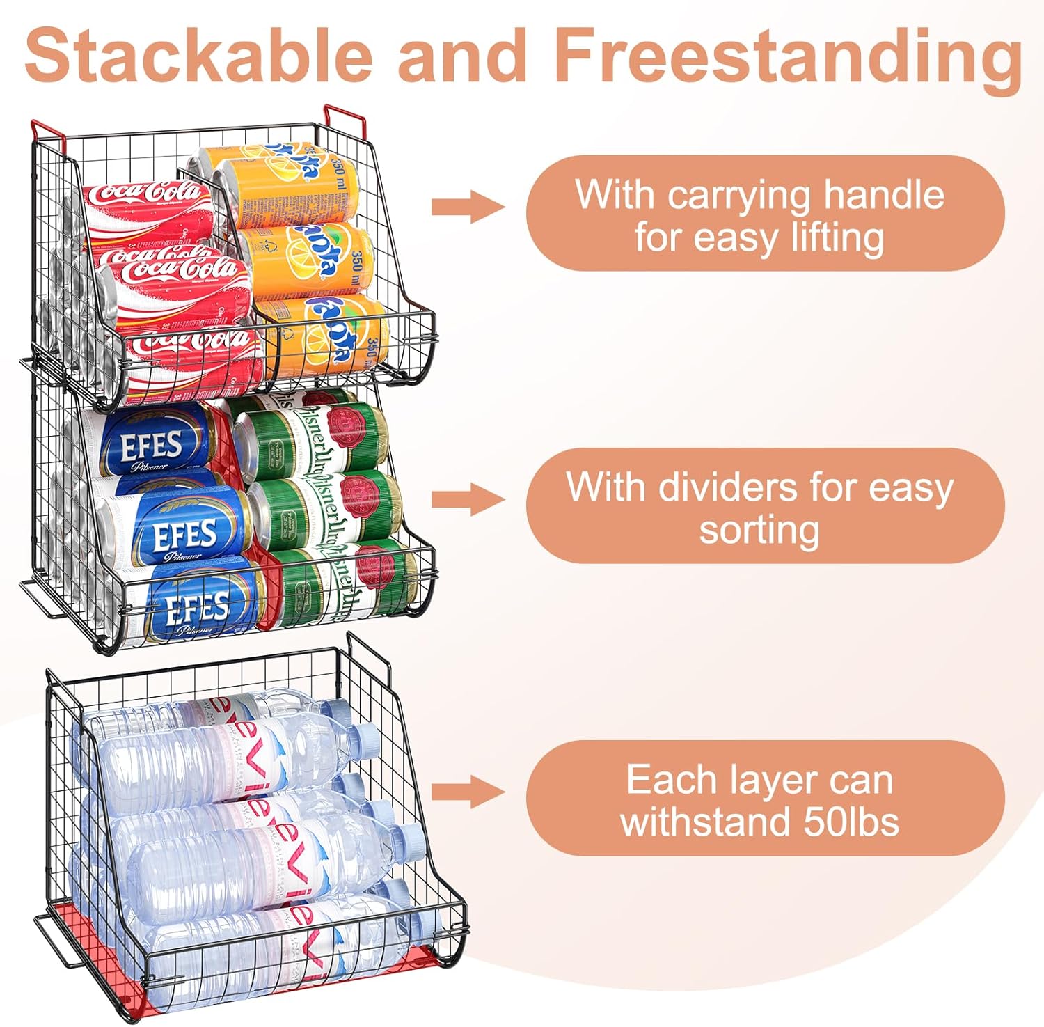 Stacking Can Dispenser 3 Tier with Dividers, Pantry Organizer for Cans and Bottles U698676