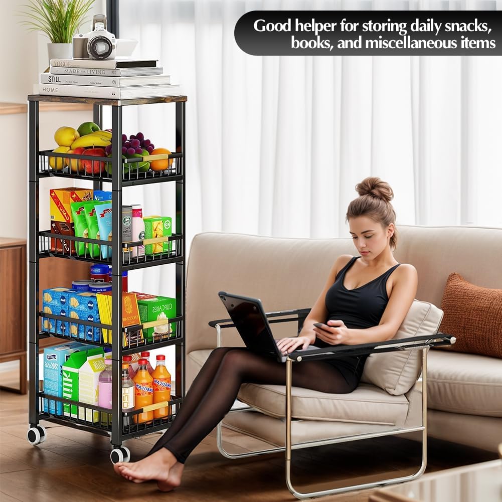 5 Tier Pull-Out Wire Storage Basket with Wood Top and Wheels for Kitchen N460