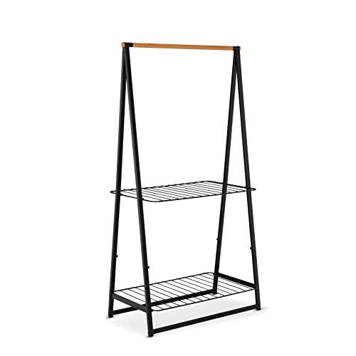 Clothes Rack, Compact Free Standing Clothing Rail, Sturdy Steel Frame & Bamboo Rod, Black I76562