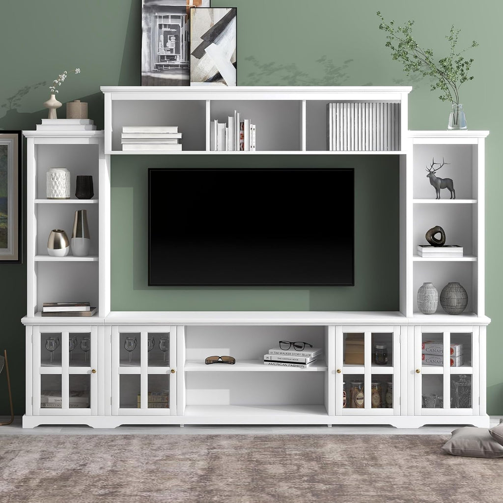Entertainment Wall Unit with Bridge, Stand Media Console Table for TVs Up to 70" with Tempered Glass Door, Ample Storage Space for Living Room, White