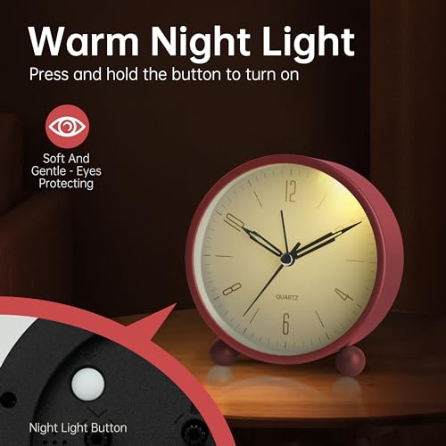 4 Inch Silent Non Ticking Alarm Clock with Night Light, Battery Operated F8892