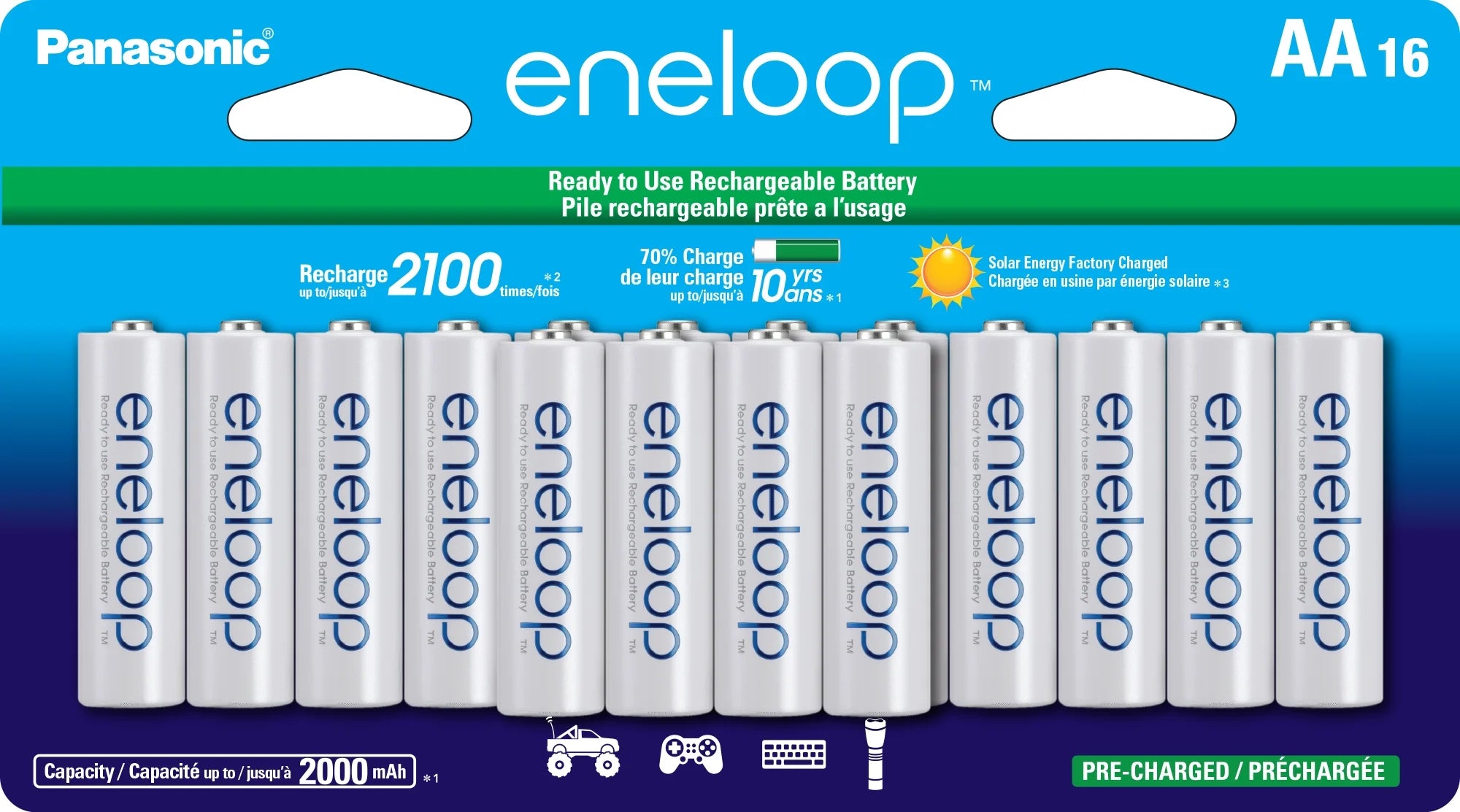 Panasonic Eneloop BK-3MCCA16FA Pre-Charged Nickel Metal Hydride AA Rechargeable Batteries, 16-Battery Pack