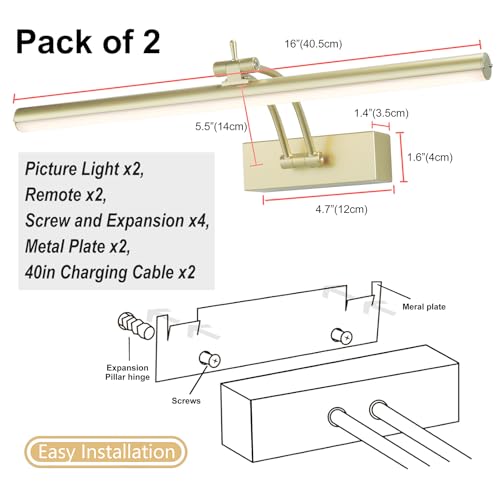 2 Pack Battery Operated Picture Light for Wall, 16" Wireless, Dimmable with Remote N8375