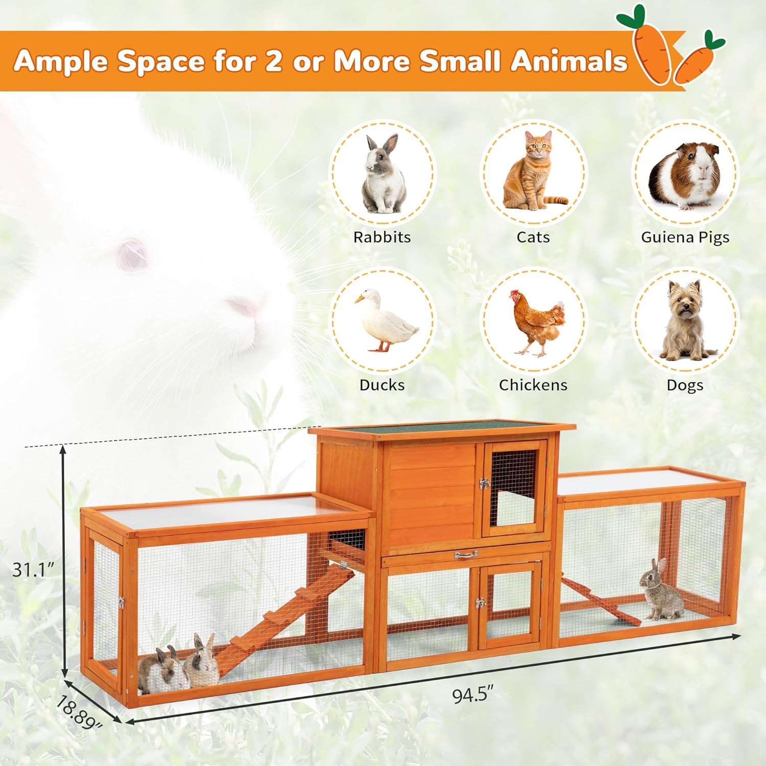 Extra Large Wooden Rabbit Hutch with No-Leak Tray and Waterproof Roof B7276