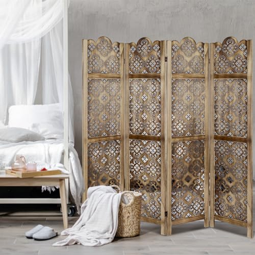 Carved Room Divider, 6 Panel Folding Privacy Screen, Retro Flower Pattern, Grey K413