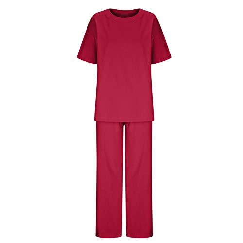 Two Piece Summer Outfit Linen Short Sleeve Top Wide Leg Pants A959