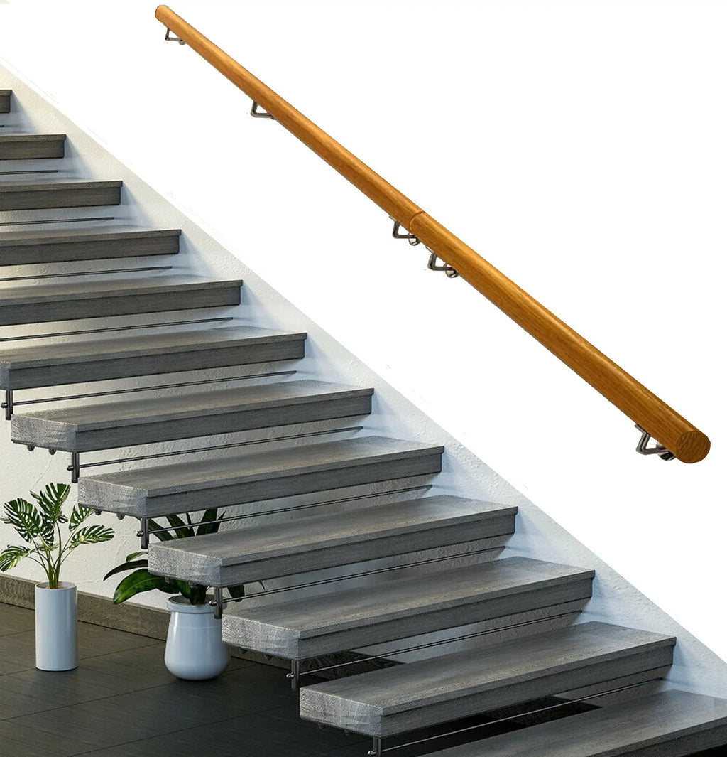 Stair Handrail Wall Rails 15 FT Long, 2.0" Diameter Grab Bar Iron Bracket, Wooden Handrail Stair Rail Non Slip for Elderly, Indoor Stairway Railing Wall Bars Stair Hand Railing Silver