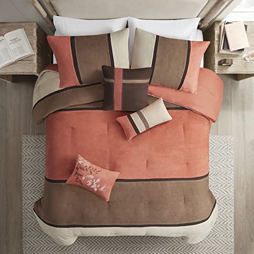 Modern Faux Suede Comforter Set with Stripe Design, Queen, Brown, 7 Piece T450652