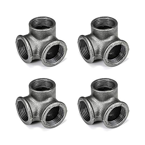1" 3-Way Side Outlet Elbow, Home TZH Cast Malleable Iron 3 Way Corner Pipe Fittings for Industrial vintage style DIY Project/Furniture/Shelving Decoration (4, 1")