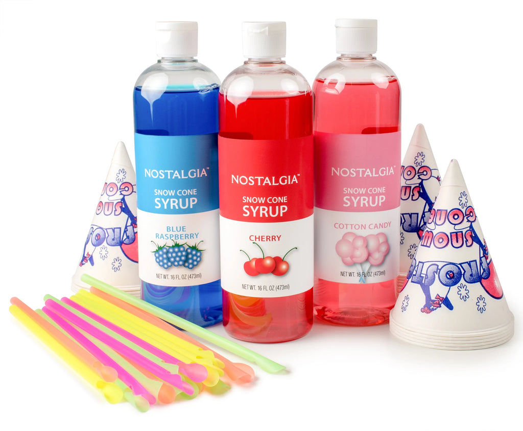 Nostalgia Premium Snow Cone Syrup Party Kit, 3 16-Ounce Snow Cone Syrups 20 Snow Cones, 20 Spoon Straws, SCK3