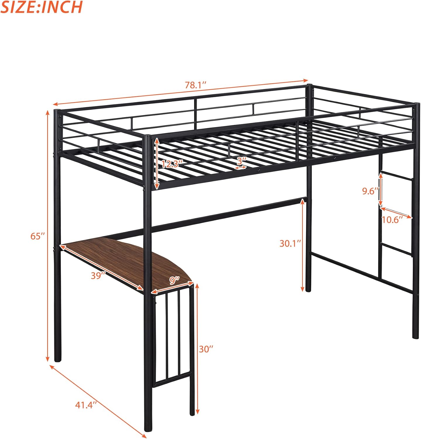 Twin Size Metal Loft Bed with Desk and Storage Shelves X8579