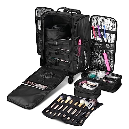 Rolling Makeup Train Case Soft Sided Cosmetic Organizer with Removable Side Pocket L1629