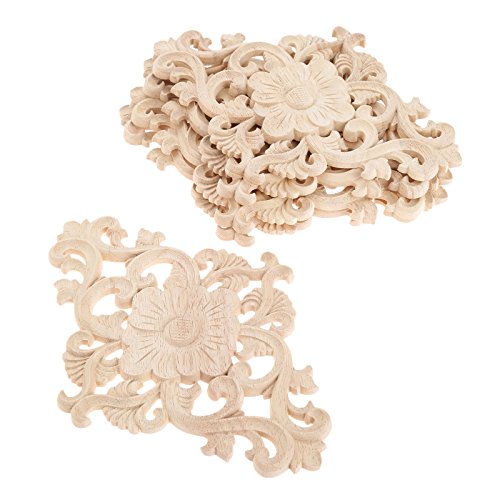 Wood Carved Appliques, 2Pcs Unpainted Wooden Onlays for Furniture Cabinet Door Wall Decor, 15x10.5cm H161