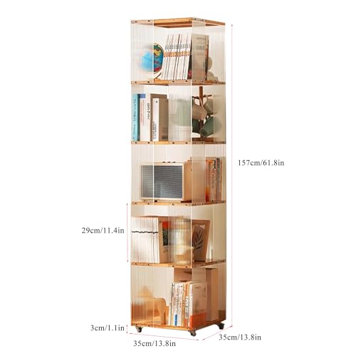 Rolling Bookcase, Bamboo 360° Rotating Bookshelf Tower with Wheels Z7303