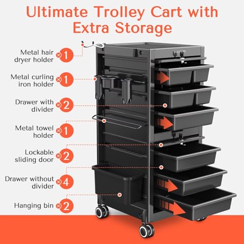 Lockable Beauty Salon Cart with 6 Drawers and Tool Holders, Rolling, Pink W9639