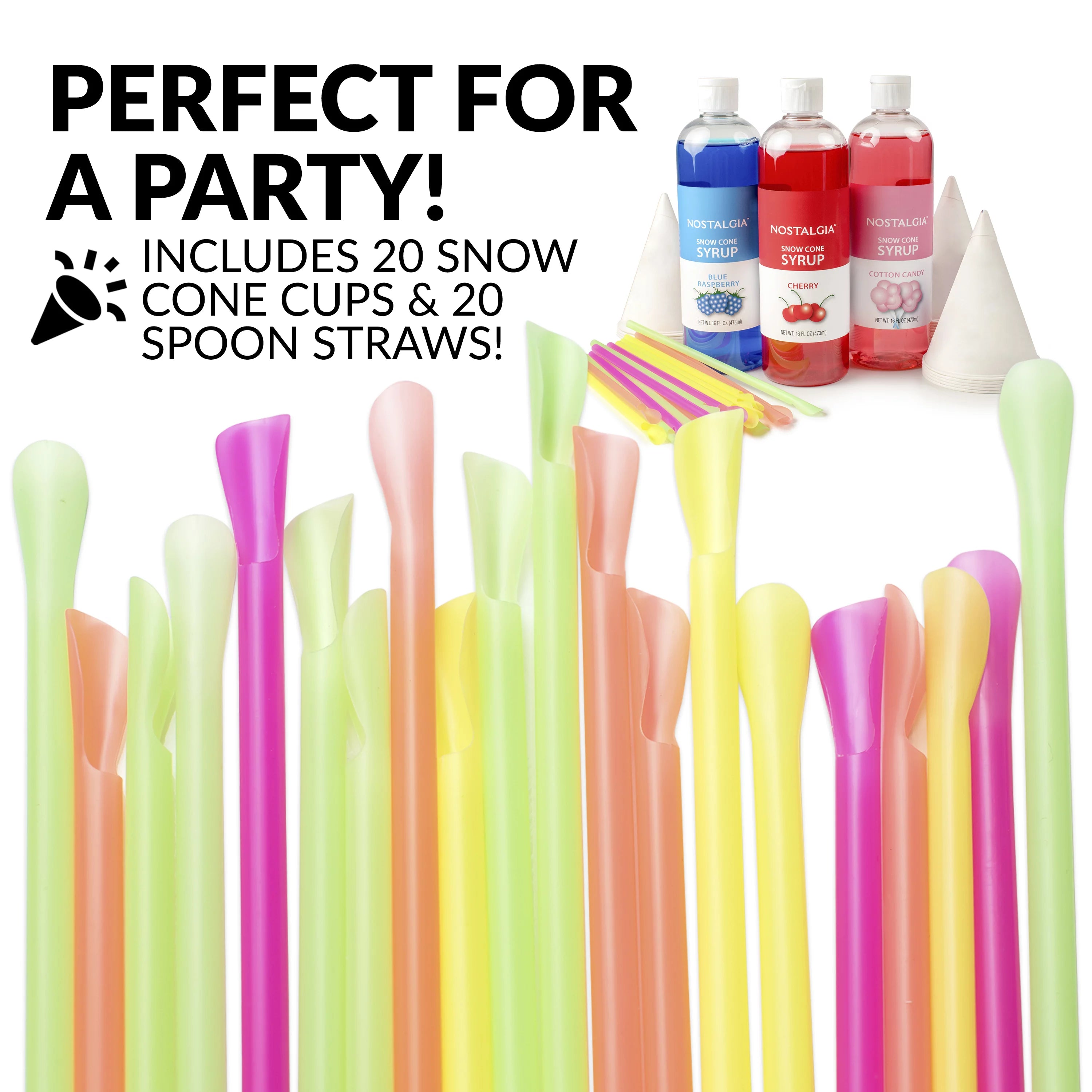 Snow Cone Syrup Party Kit, 3 x 16 oz, 20 Snow Cones with Spoon Straws V37424