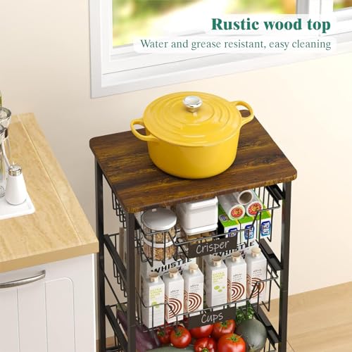 Rolling Kitchen Storage Cart with 4 Pull-Out Baskets and Wood Top V50585