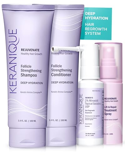 Keranique Hair Growth Products Set - 2% Minoxidil Keranique Hair Regrowth Treatment for Women - Deep Hydrating Shampoo and Conditioner - Hair Thickening & Volumizing Spray - Hair Loss Treatment System