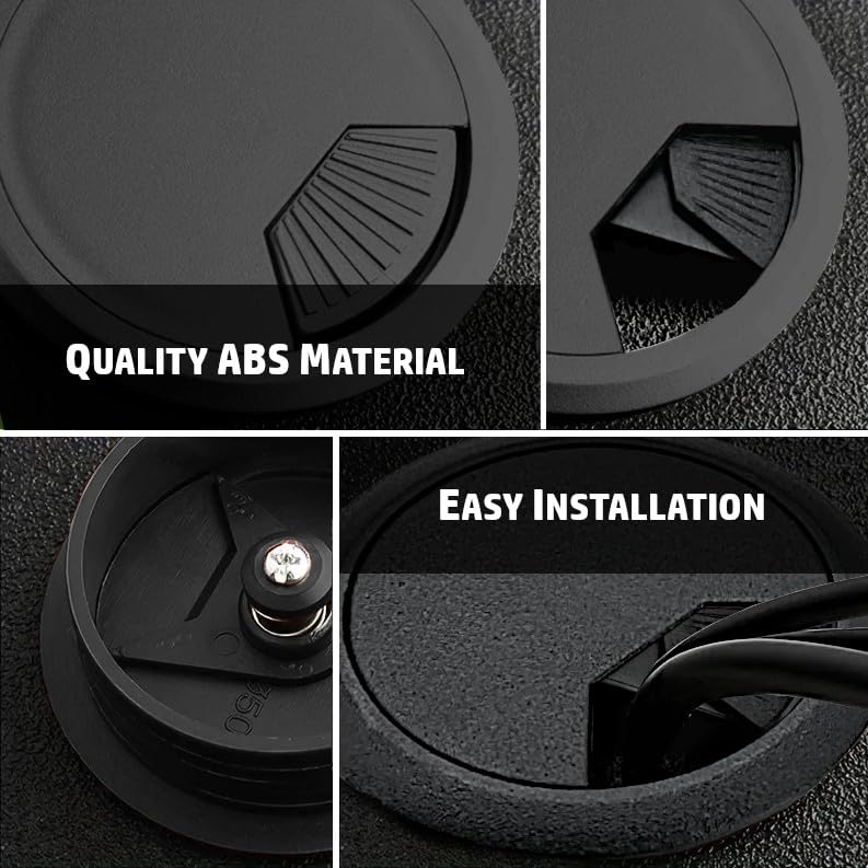 Desk Grommet Hole Cover Organizer for Computer Wires, Black Plastic, 2-Pack Y260