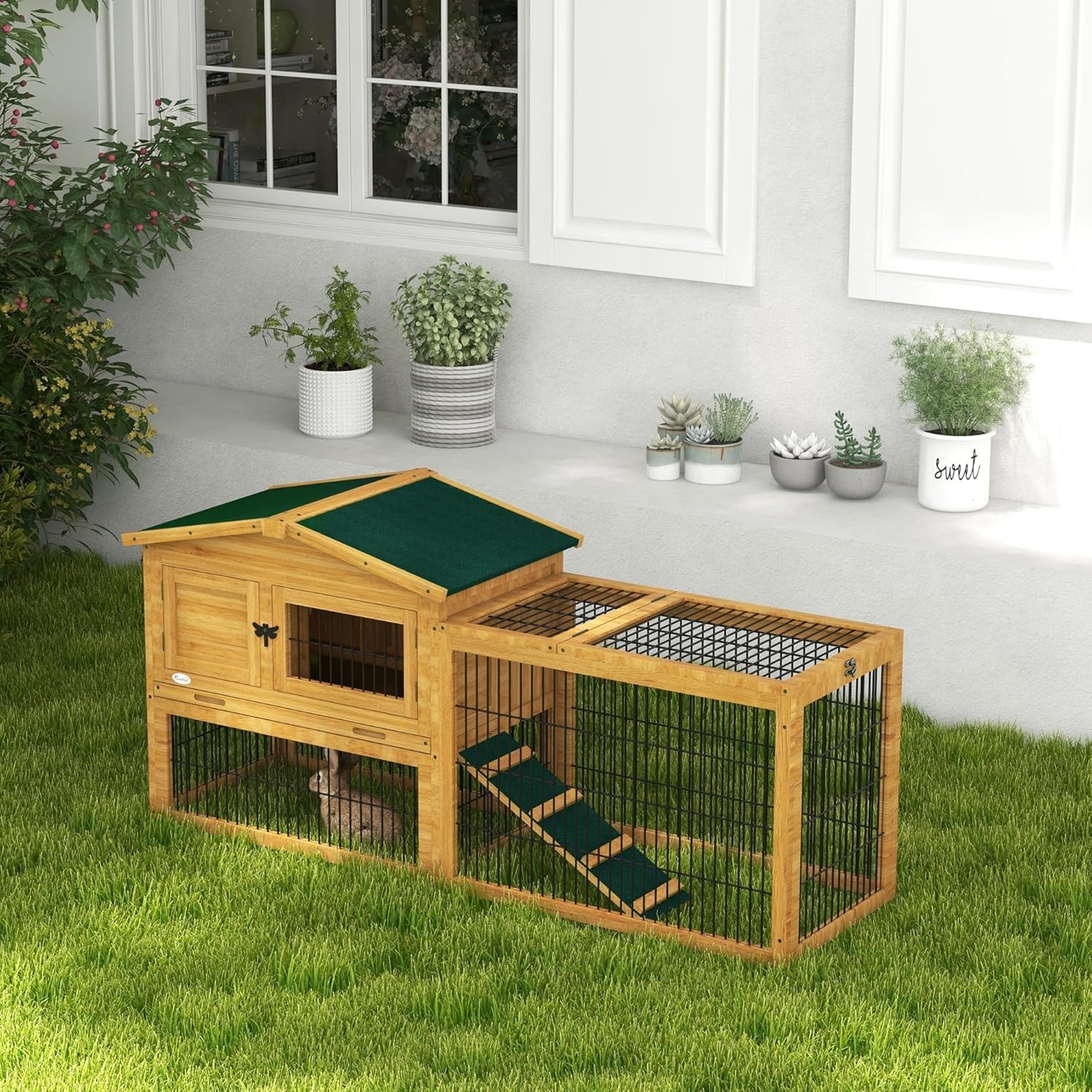 Outdoor Rabbit Hutch with Openable Top, Wooden Cage with Run, Removable Tray P519