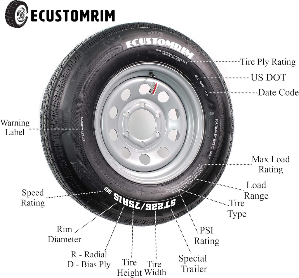 15" 5 Lug White Spoke Steel Trailer Wheel with 205/75D15 Bias Tire R477003