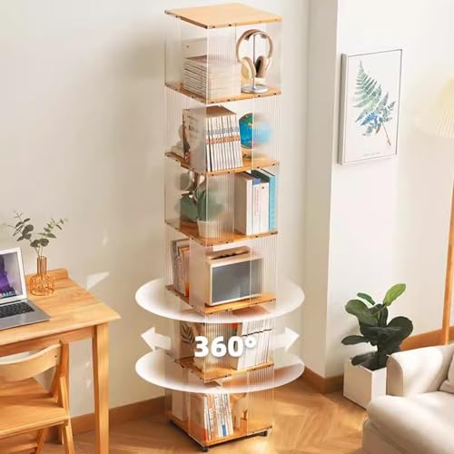 Rolling Bookcase, Bamboo 360° Rotating Bookshelf Tower with Wheels Z7303