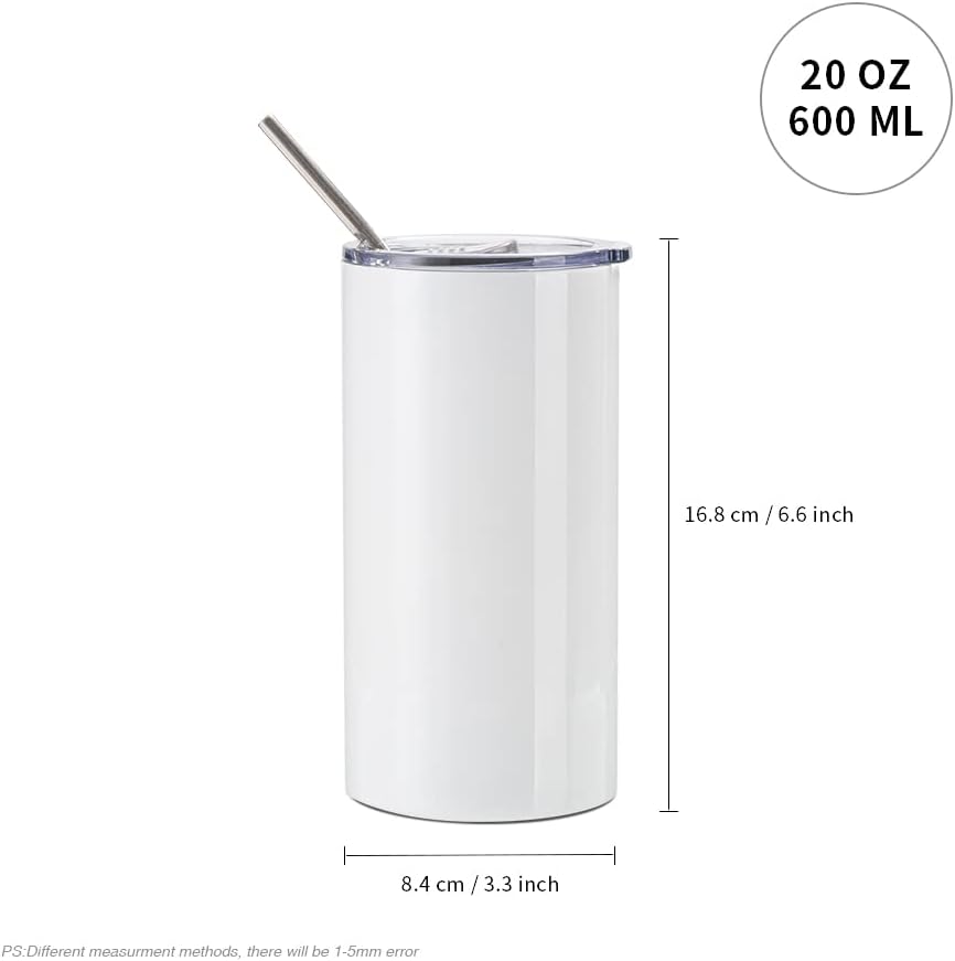 Sublimation Blanks Tumbler 20 oz White Stainless Steel Cups with Lid and Straw 4 Pack N833