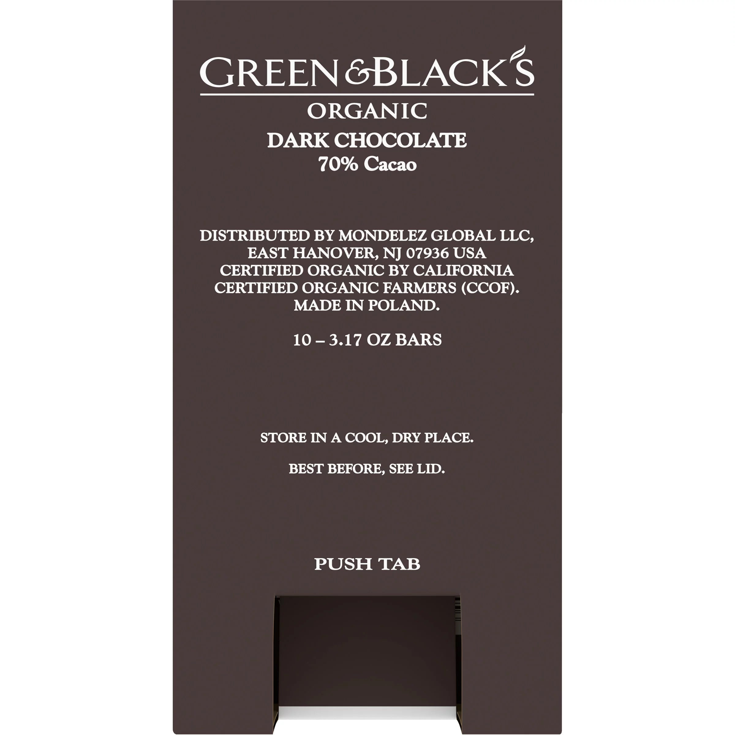 Organic Dark Chocolate Bar, 70% Cacao, 10-Pack Y31421
