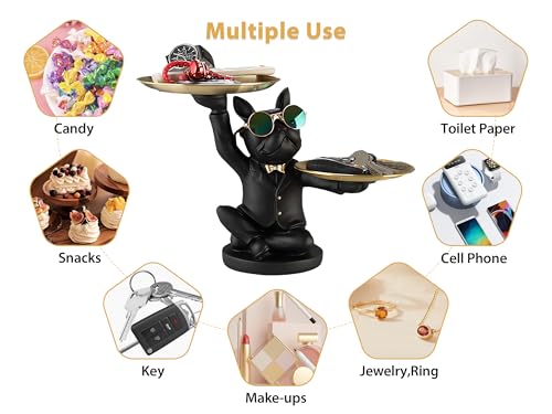 French Bulldog Resin Statue with 2 Metal Trays for Entryway Decor F3312