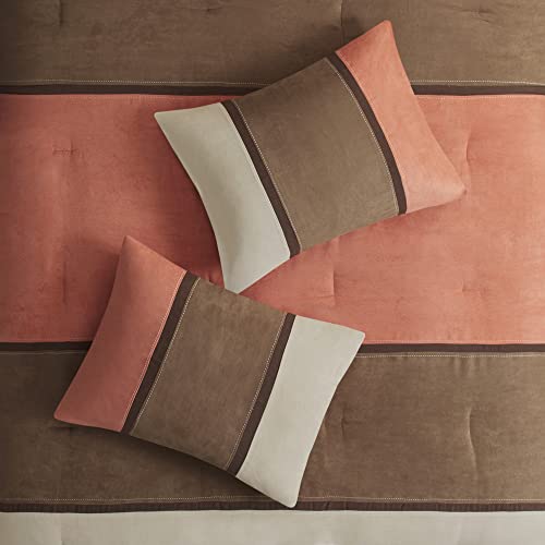 Modern Faux Suede Comforter Set with Stripe Design, Queen, Brown, 7 Piece T450652