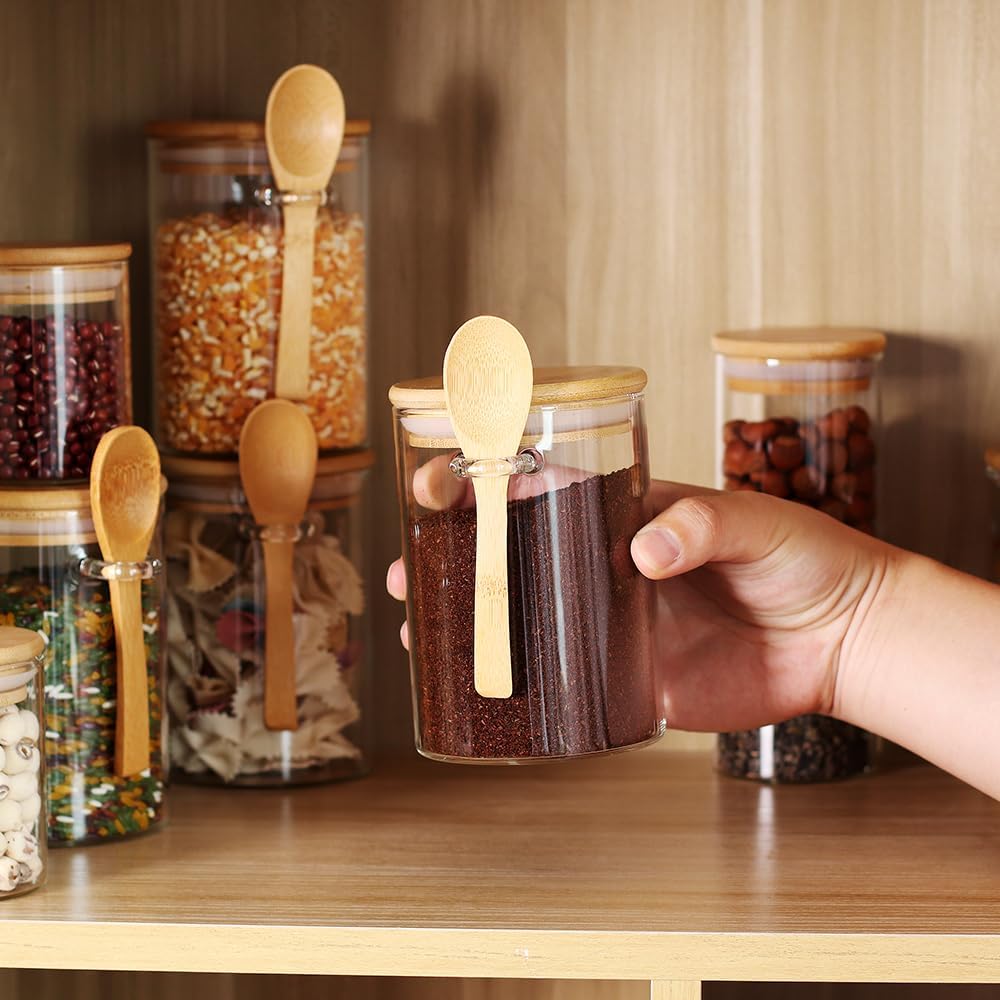 Glass Jars with Bamboo Lids and Spoons, Set of 6 S6154