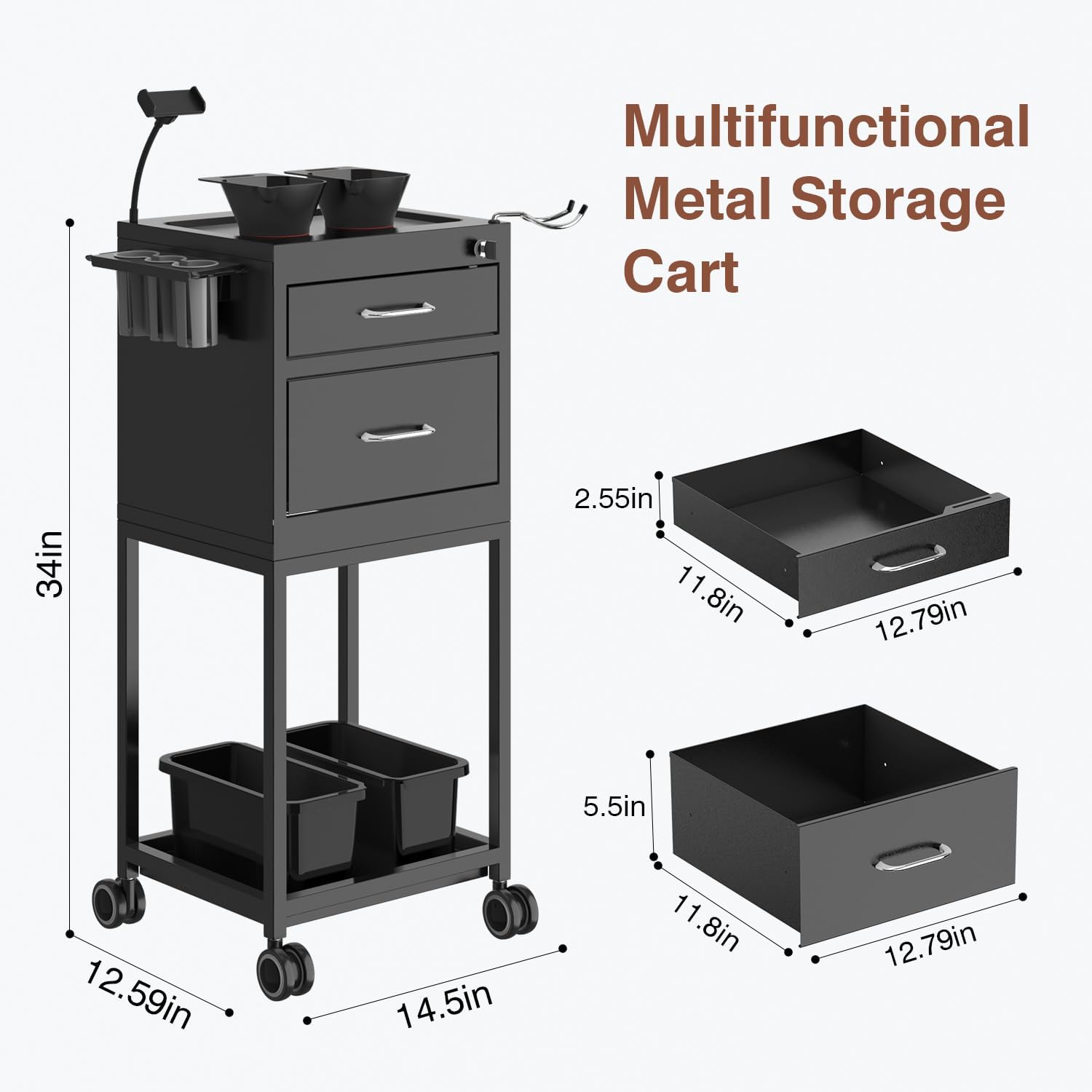 Lockable Metal Storage Cart with Wheels and 2 Magnetic Bowls I422