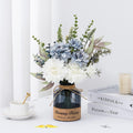 Houele Fake Flowers Artificial Blue White Dahlia Flowers with Glass Vase Faux Silk Flower Arrangements Boho Flower Decor for Farmhouse Dining Table Centerpieces Home Office Decor