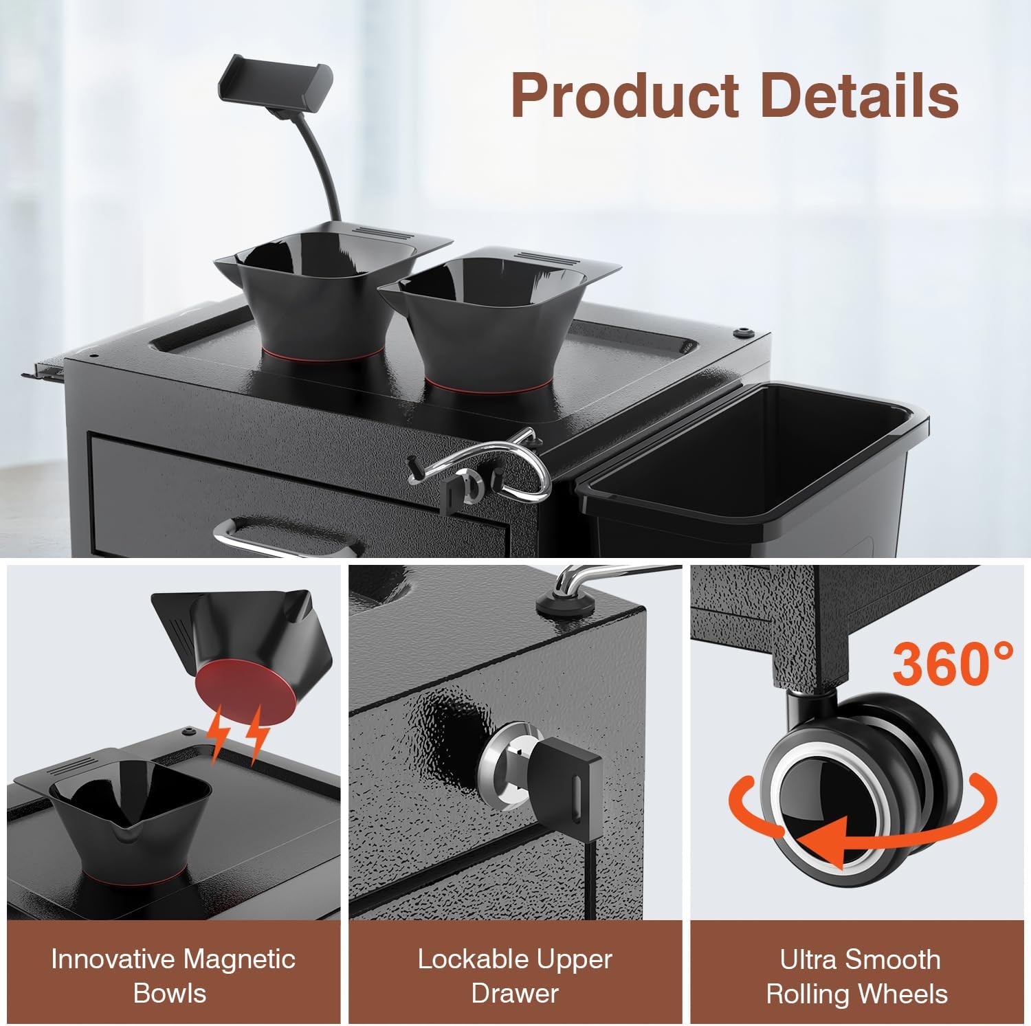 Lockable Metal Storage Cart with Wheels and 2 Magnetic Bowls I422