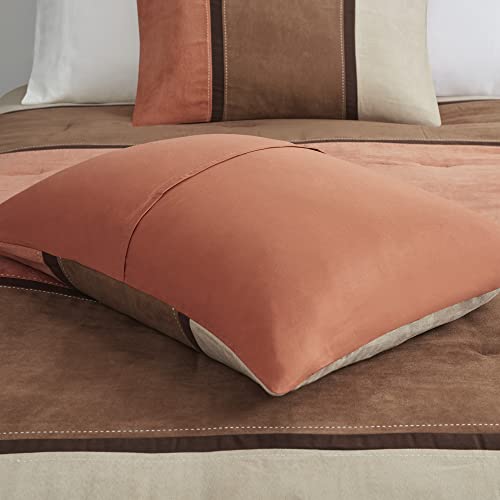 Modern Faux Suede Comforter Set with Stripe Design, Queen, Brown, 7 Piece T450652