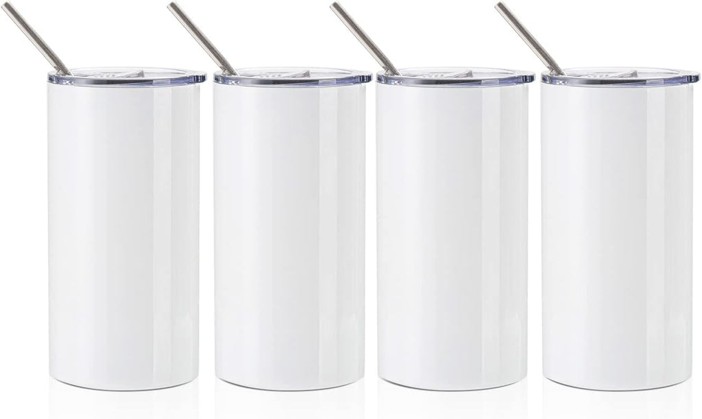 PYD Life Sublimation Blanks Tumbler Straight Fatty 20 OZ White Stainless Steel Tumbler Cups with Lid and Metal Straw for Cricut Mug Press Machine Sublimation Print 4 Pack