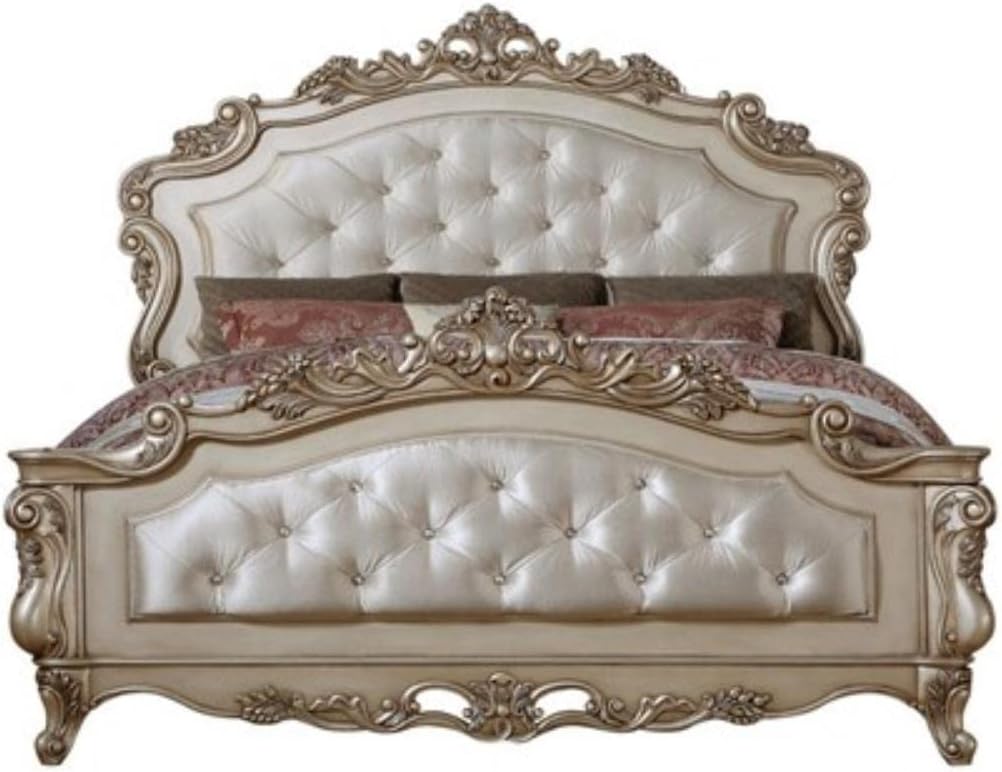 Tufted Eastern King Panel Bed in Cream Fabric and Golden Ivory M164