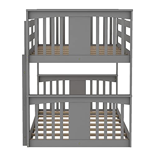 Twin Over Twin Low Bunk Bed with Ladder for Toddlers Kids - White D828