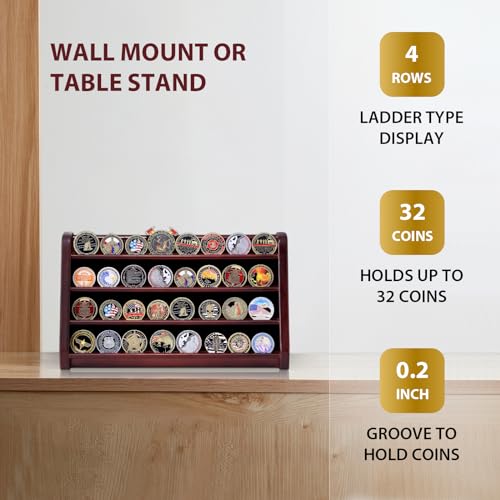 Military Coin Display Case, 5 Row Wooden Holder Rack, Holds 50 Coins, Wall or Desk Mount B693942