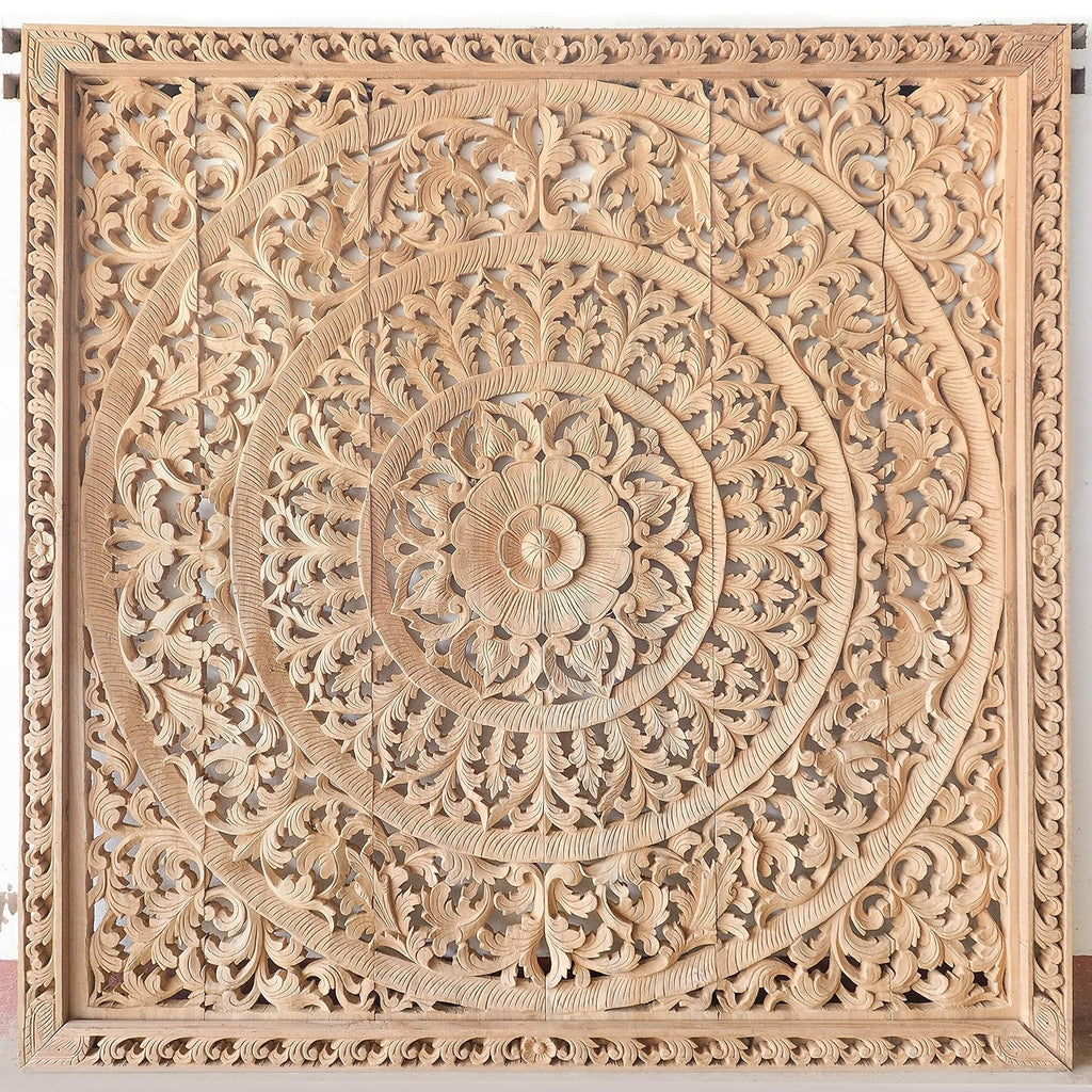 King Size Headboard Wood Carved Panels Wall Decoration Home Cottage Rustic Reclaimed Teak Hand Crafted Bedroom Furniture Thailand 72 Inches