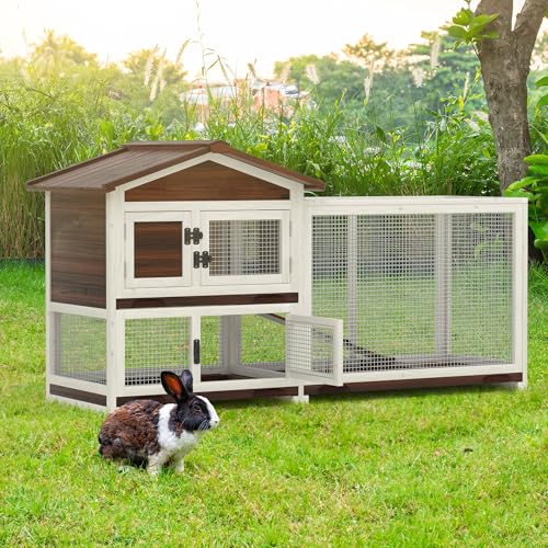 Rabbit Hutch Indoor, Chicken Coop Outdoor with 3 Removable Tray 2 Story Rabbit House with Large Running Cage Bunny Cage with Ramp Wooden Guinea Pig Cage for Small Animals