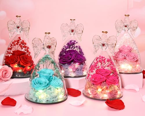 Preserved Real Roses in Glass with Angel Figurine, Birthday Gift for Women G2878