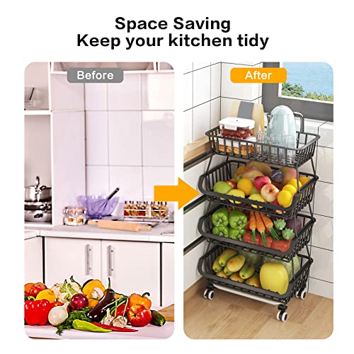 Stackable Fruit Vegetable Storage Cart with Wheels, Metal Wire Baskets V72175