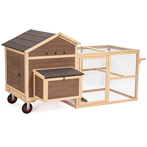 Chicken Coop, Mobile Hen House with Removable Bottom and Wheels &Handrails,Mobile Rabbit Hutch Indoor Outdoor, Easy Cleaning& Assemble, Wooden Hen House for Chick, Bunny,Duck